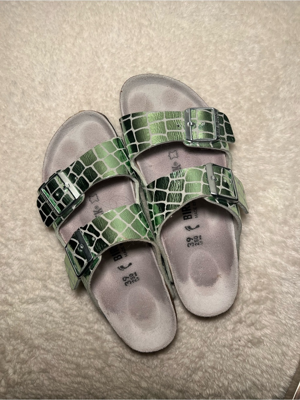Birkenstock Arizona Gator Gleam Green Sandal with Two Straps | Size 39